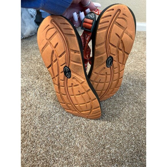 Women's SZ 11 Chaco Classic Sandals Orange/white nylon Slingback Hiking - Picture 2 of 6